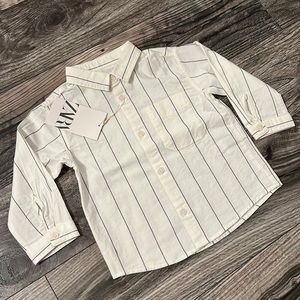 Zara cotton Oxford dress shirt baby boy 12-18 months new ecru navy blue stripes